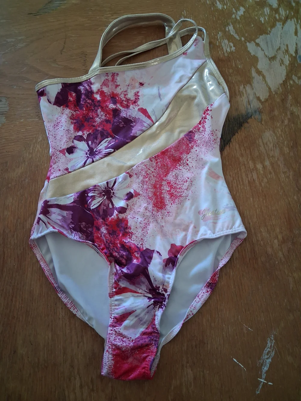 Justice Pink and Purple Floral Swimsuit with Gold Trim